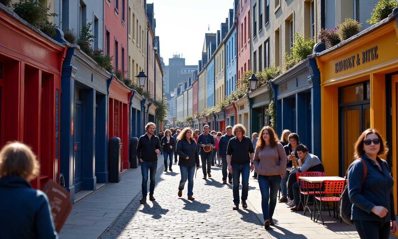 Bustling street scene with colorful buildings and street performers in Galway.